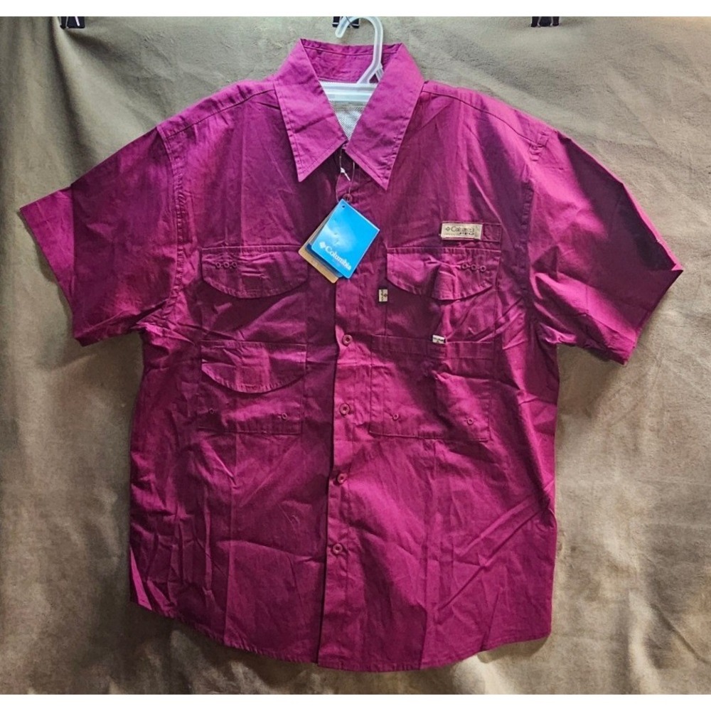 NWT Columbia PFG Bahama II Fishing Shirt Mens S Short Sleeve Magenta Omni-Shade